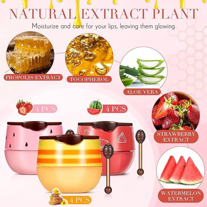12 Pcs Bee Lip Balm Honey Pot with Brush Propolis Lip Mask Overnight, Moisturizing Hydrating Lip Sleeping Mask Prevention Dry and Cracked(Honey+Strawberry+Watermelon)-BrightBean Baby