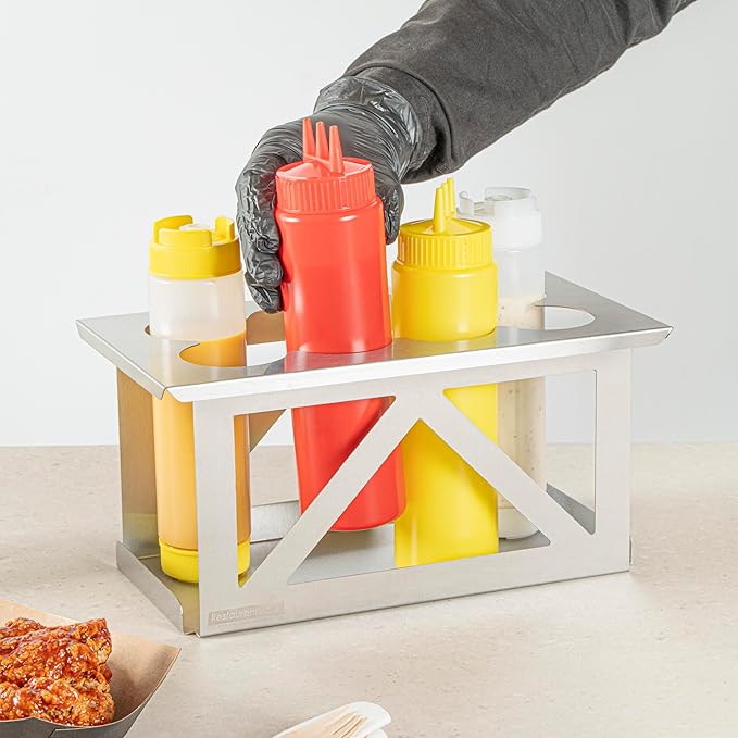 Restaurantware Squeeze Bottle Holder Pack of 1 Stainless Steel 8 Hole Bottle Holder, 2.5" Diameter Fits 1/3 Size Opening, Dishwasher Friendly Integrated Lip Design Holder for Condiment Bottles