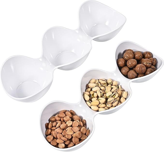 Blue Boat 2PC 14.5" x 5" Melamine 3-Section Divided Dishes, Stackable Serving Tray, 3 Compartment Appetizer Serving Tray, White Divided Serving Dishes, for Snack, Food, Serving Platter Set of 2