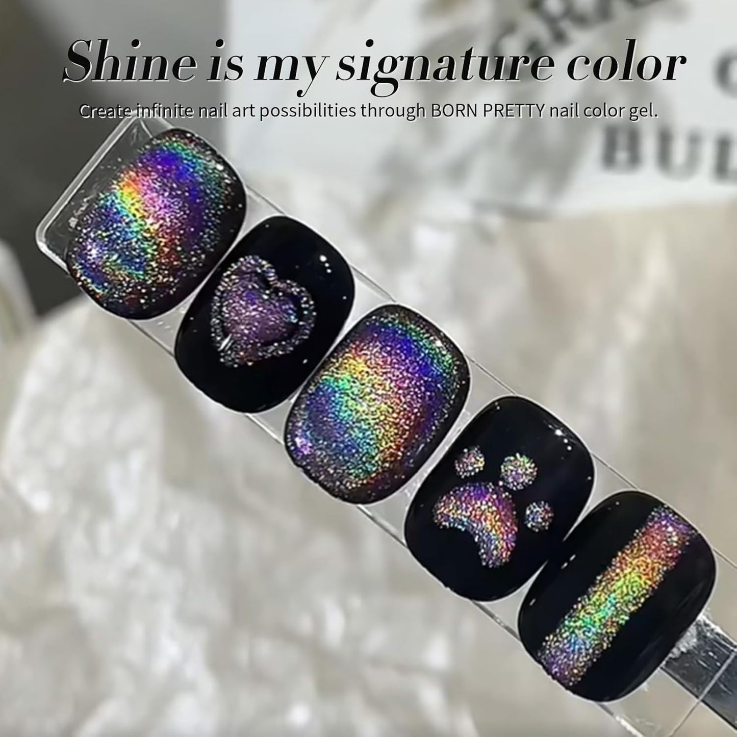 Born Pretty Cat Magnetic Eye Gel Nail Polish Holographic Rainbow Cat Magnetic Gel, Black Glitter Magnetic Soak Off U v Nail Gel Diy Art for Girls Women 15ML-BrightBean Baby