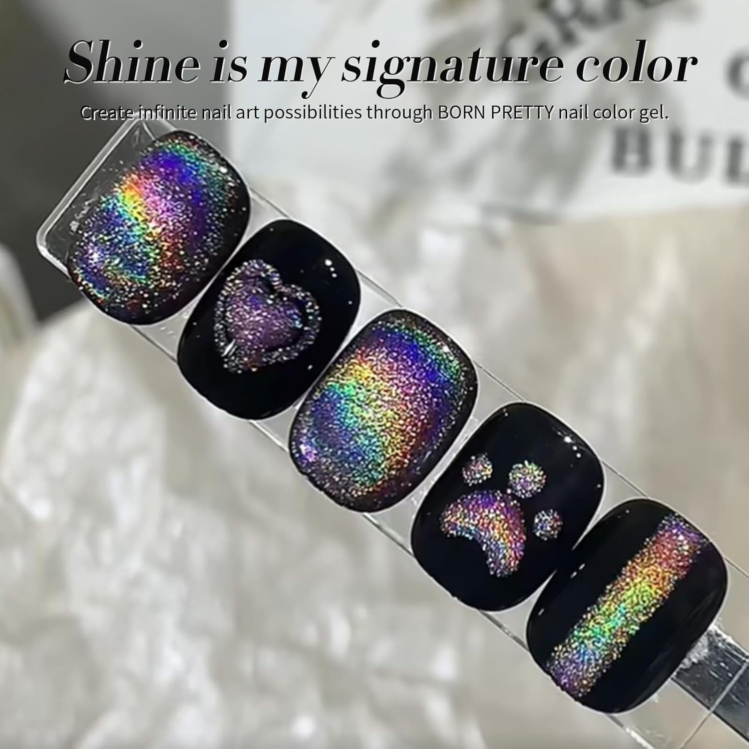 Born Pretty Cat Magnetic Eye Gel Nail Polish Holographic Rainbow Cat Magnetic Gel, Black Glitter Magnetic Soak Off U v Nail Gel Diy Art for Girls Women 15ML-BrightBean Baby