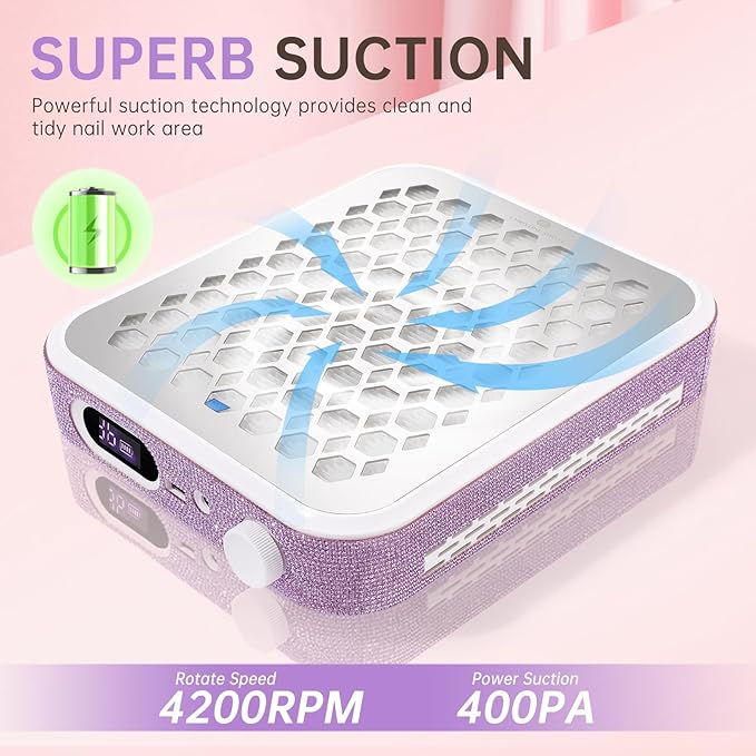 Nail Dust Collector, Rechargeable Dust Collector Nail Tech, Powerful Vacuum Fan Vent Dust Collector Extractor Dust Suction Machine for Acrylic Nails Polishing, Nail Salon&Home,Purple-BrightBean Baby