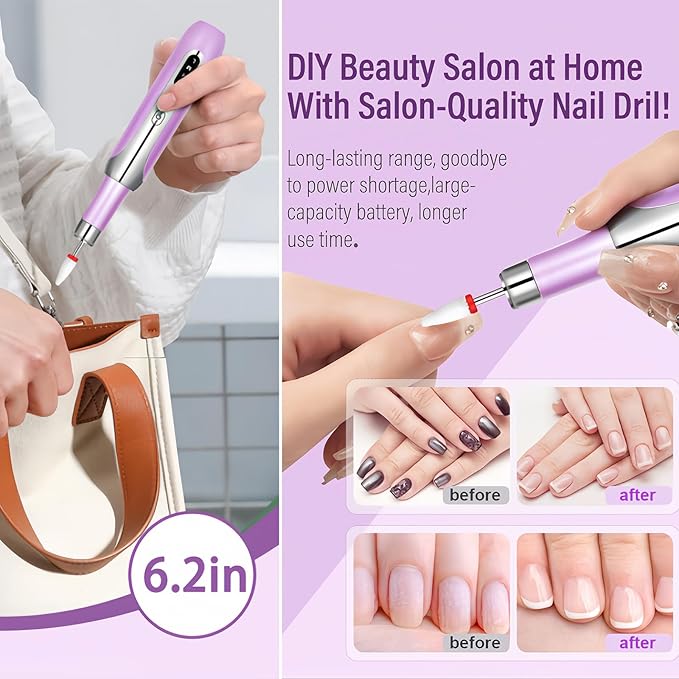 Electric Nail Drill File Cordless,Portable Rechargeable Nail File Kit for Acrylic & Gel Nails,Professional Efile for Manicure Pedicure Polishing,with 12 Nail Drill Bits 31 Sanding Bands,Purple-BrightBean Baby