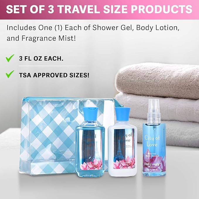 Bath & Body Care Travel Set - Home Spa Set with Body Lotion, Shower Gel and Fragrance Mist, Valentines Day Gifts for Her and Him(City of Love)-BrightBean Baby