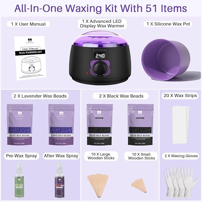 BLITZWAX Brazilian and Bikini Waxing Kit for Women, Hard Wax Warmer for Face, Legs and Body, At Home Hair Removal Kit, Beginner Friendly, Digital Fast Heating, 51 Wax Items-BrightBean Baby