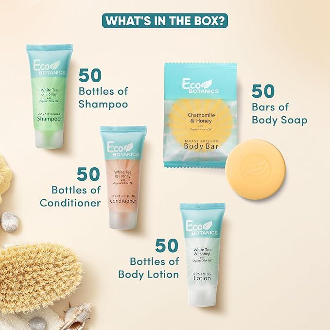 Eco Botanics Hotel Soaps and Toiletries Bulk Set | 1-Shoppe All-In-Kit Amenities for Hotels & Airbnb | 0.85 oz Hotel Shampoo, Conditioner & Lotion, 0.89 oz Bar Soap Travel Size | 200 Pieces-BrightBean Baby