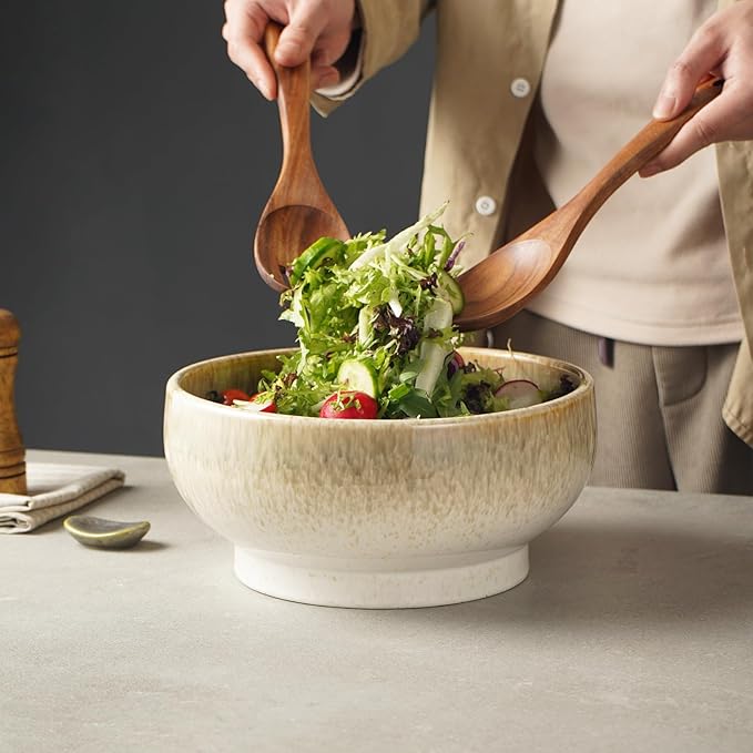 Extra Large Salad Bowl,Decorative Fruit Bowl,Kitchen Ceramic Bowl for Fruit & Salad,120 oz Footed Serving Bowl for Entertaining (tan color)