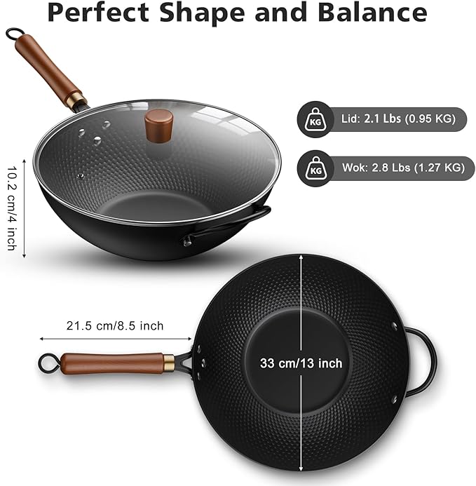 Nonstick Wok 13 Inch Carbon Steel Wok Pan with Glass Cover - Stir-Fry Pan