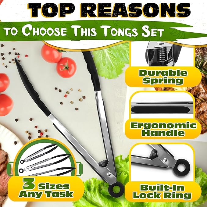 3Pcs Kitchen Tongs with Silicone Tips - Tong Set 7/9/12" | Silicone Tongs for Cooking Heat Resistant, High Temperature, Non Stick, Built-In Lock Ring - Stainless Steel Kitchen Utensils for Cooking