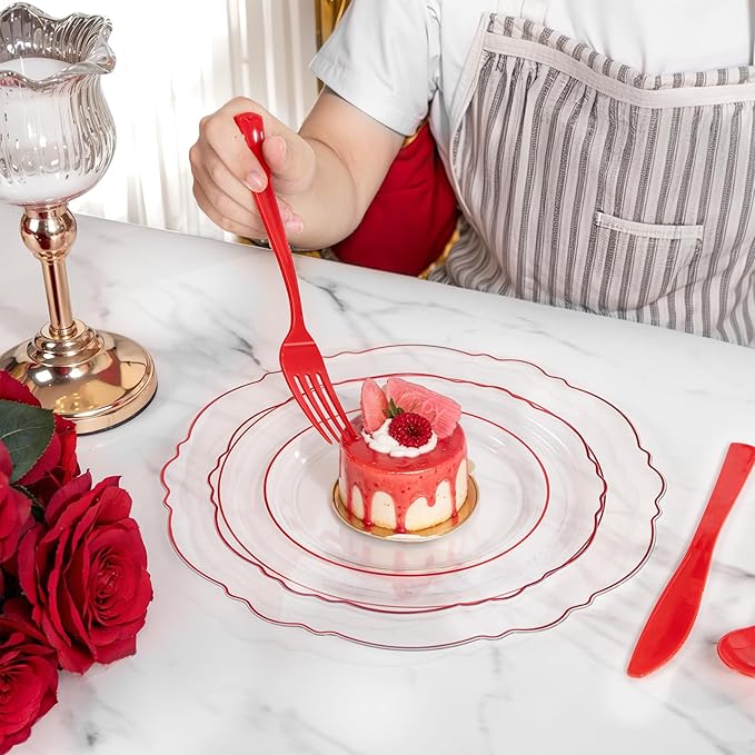 Liacere 400PCS Pre Rolled Red Silverware and Napkin - Disposable Red Plastic Utensils-Wrapped Plastic Cutlery Set with Napkin:100Forks,100Knives,100Spoons,100Napkins for Wedding＆Valentine＆Christmas