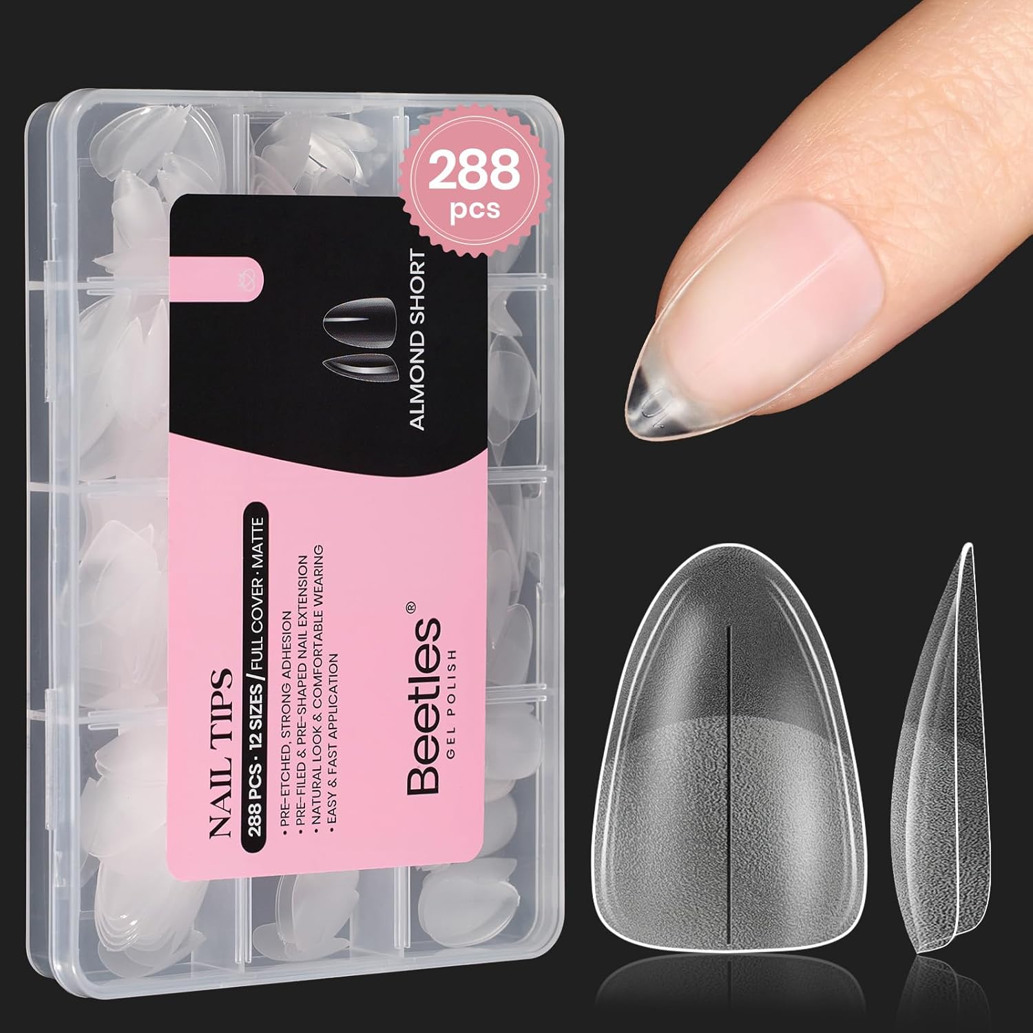 Beetles Short Almond Nail Tips - 288PCS 12 Sizes Full Matte Cover Pre-Etched & Pre-Shaped False Nails Soft Gel Nail Tips Acrylic Nail Tips Nail Extension Tips for Gel Polish DIY Manicure-BrightBean Baby
