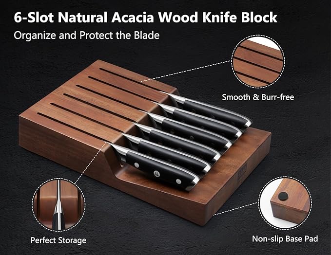 SHAN ZU Steak Knife of 7, 4.5 Inch Damascus Steak Knife Set with Block, Japanese High Carbon Steel Kitchen Serrated Knives Set with Ergonomic G10 Handle and Gift Box