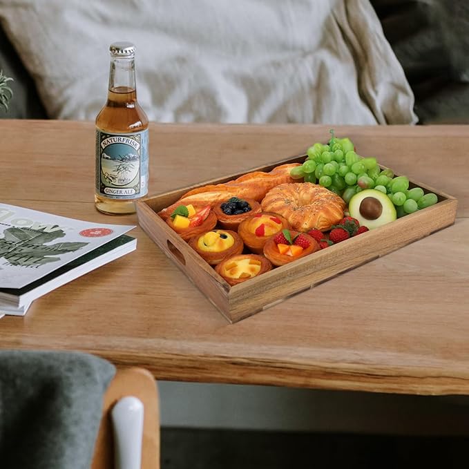 Acacia Wood Serving Tray with Handles，15.7x11.8 in Colorful Wooden Serving Tray Ottoman Tray Decorative Serving Trays Platter for Breakfast in Bed, Great for Lap &Couch