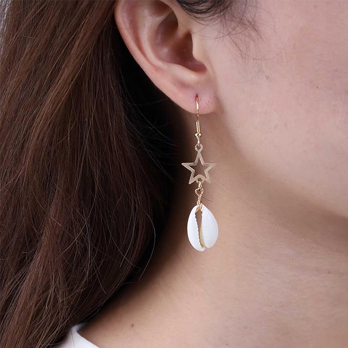 Boho Shell Drop Earrings Vintage Gold Star Shell Dangle Earrings Statement Cowrie Shell Hook Earrings Summer Beach Seashell Earrings Jewelry for Women-BrightBean Baby