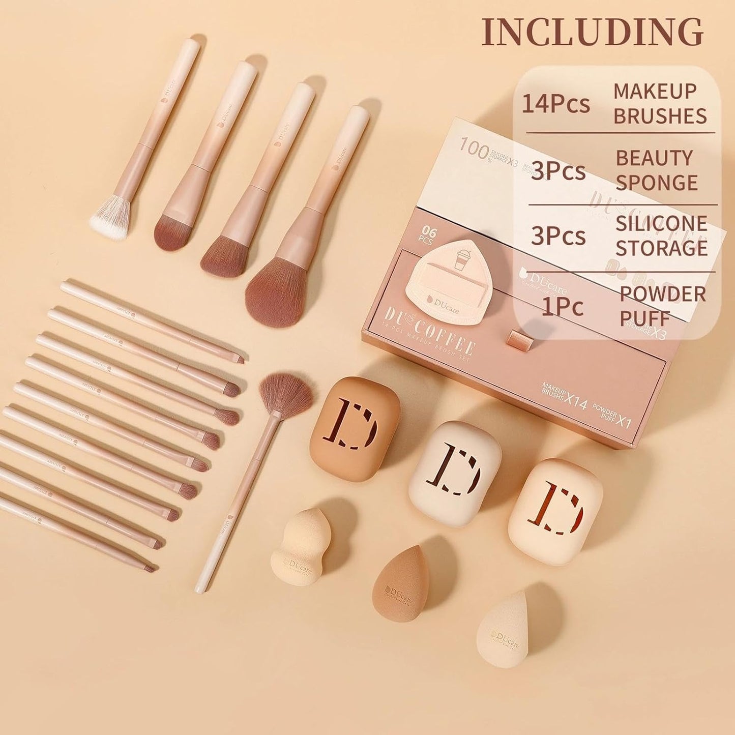DUcare Makeup Brushes Set 14Pcs Coffee Series Makeup Brush set with Makeup Sponges Gifts Foundation Blending Face Powder Blush Eye Shadows Brushes-BrightBean Baby