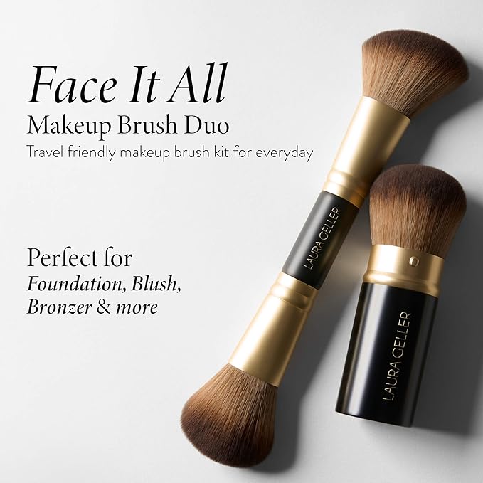 LAURA GELLER NEW YORK Face It All 2pc Makeup Brush Set - Retractable Airbrush Kabuki Brush + Dual-Ended Blush and Bronzer Brush-BrightBean Baby