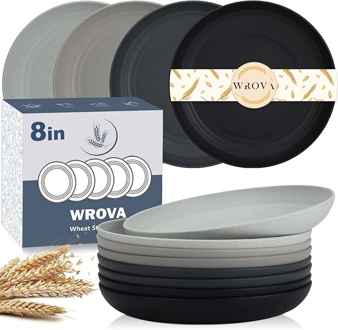 Wrova Wheat Straw Plates - 8 Inch Unbreakable Dinner Plates Set of 8 - Dishwasher & Microwave Safe Plastic Plates Reusable - Lightweight Plates for kitchen,R.V (Classic Series)