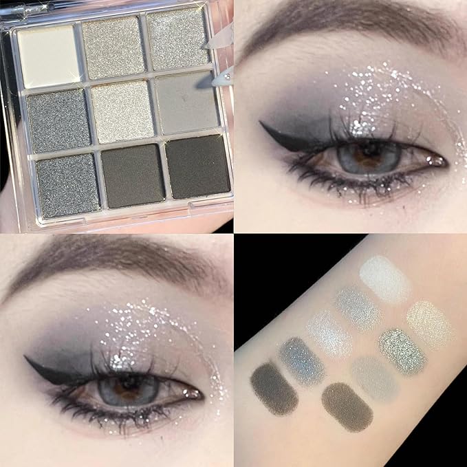 Erinde Black Smokey Gray Silver Eyeshadow Palette, 9 Colors Matte Shimmer Glitter Eye Shadow Makeup Pallet, Highly Pigmented Long Lasting Waterproof, Natural Neutral Shiny Eyeshadow Make Up Palette-BrightBean Baby