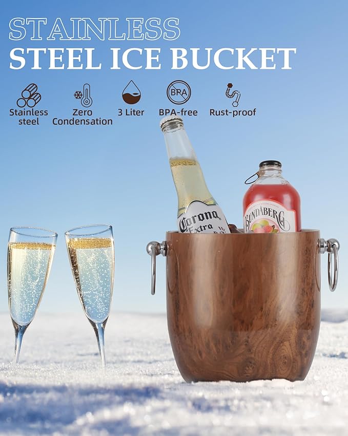 Insulated Ice Bucket, 3L Double Wall Stainless Steel Ice Bucket with Tongs,Lid, Scoop and Strainer, Ice Buckets for Parties,Cocktail Bars, Chilling Beer, Champagne, Wine Bottles,Wood