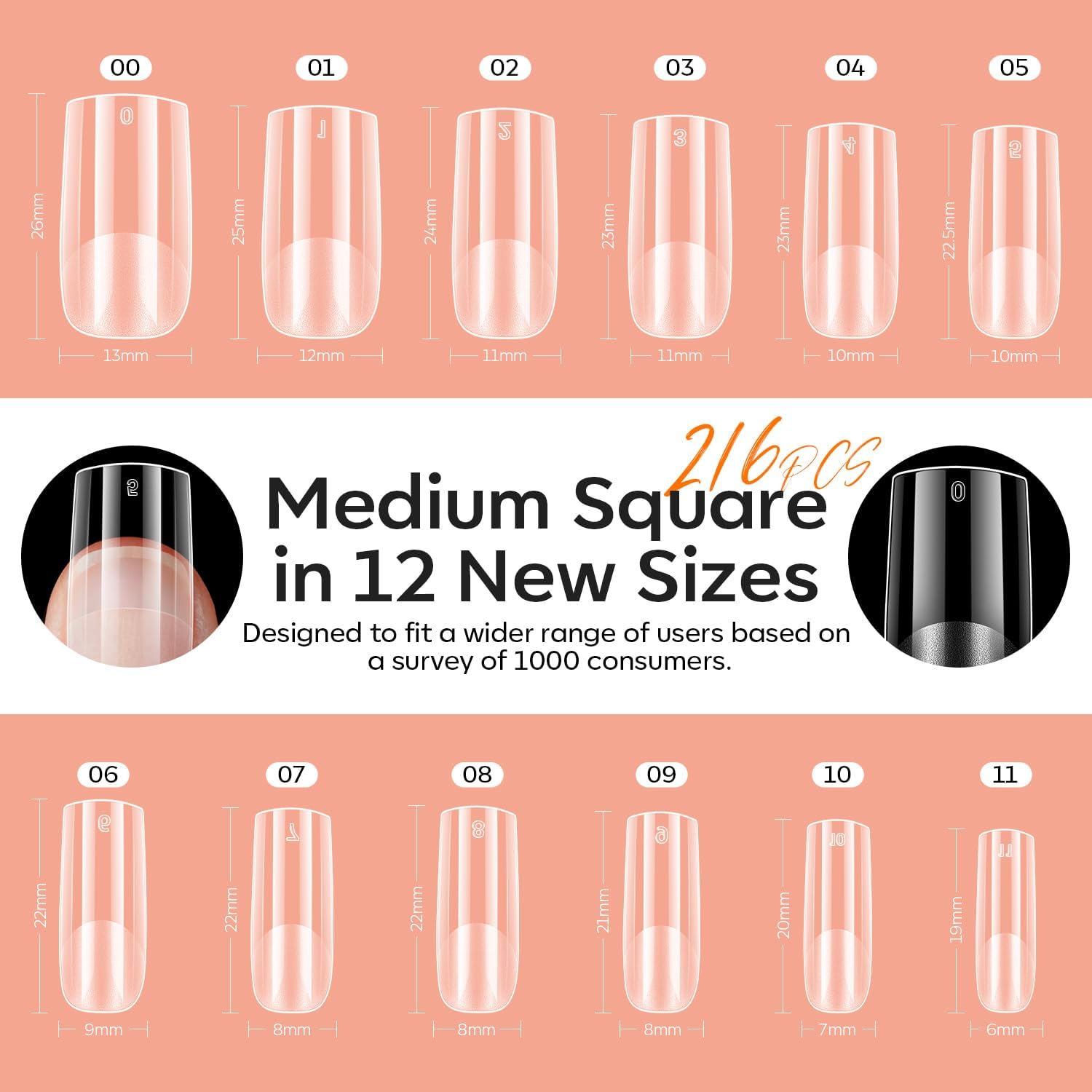 modelones Medium Square Gel Nail Tips Kit, 9-in-One Nail Glue with Portable U V Lamp 216Pcs 12Sizes Pre-Etched Press ons Fake Acrylic Extension Kit DIY Salon Gift for Women-BrightBean Baby
