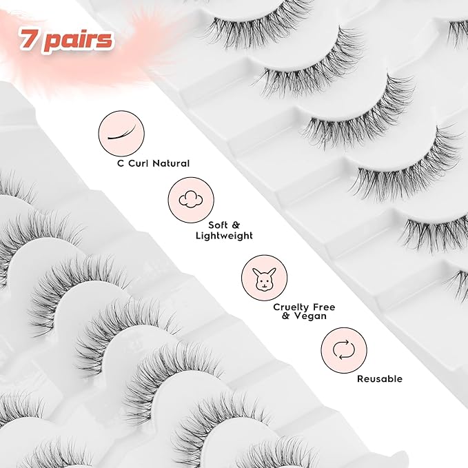 Natural Lashes False Eyelashes 12 MM Short Lashes WIspy 3D Volume Fake Eyelashes Pack C Curl Soft Eye Lash with Thin Cotton Band 7 Pair False Lashes Siligli-BrightBean Baby