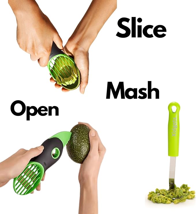 2pc Avocado Tool Set in Box - 3-in-1 Avocado Slicer with Cutter & Pit Remover + Mini Masher - Kitchen Utensil Gift Set for Guacamole Lovers by Xidgets (Zippy Green/Zippy Green)
