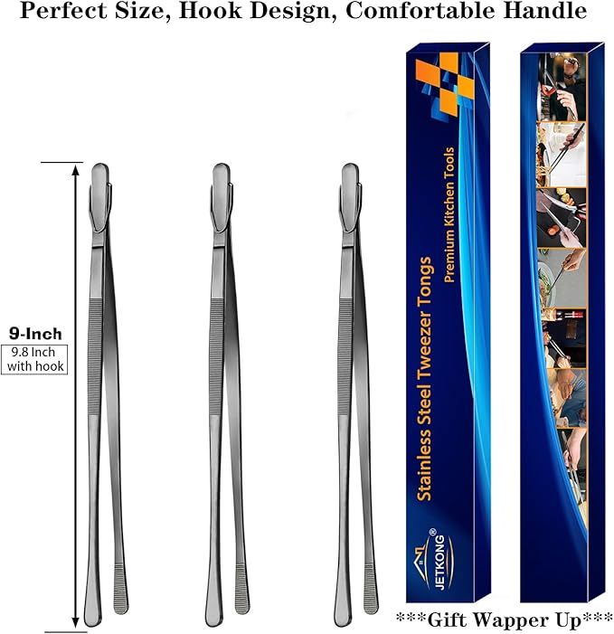 JETKONG 3 Pcs 9-Inch Serving Tweezer Tongs Kitchen Tweezers Stainless Steel Cooking Tweezers (9 9 9 Inch, Black)
