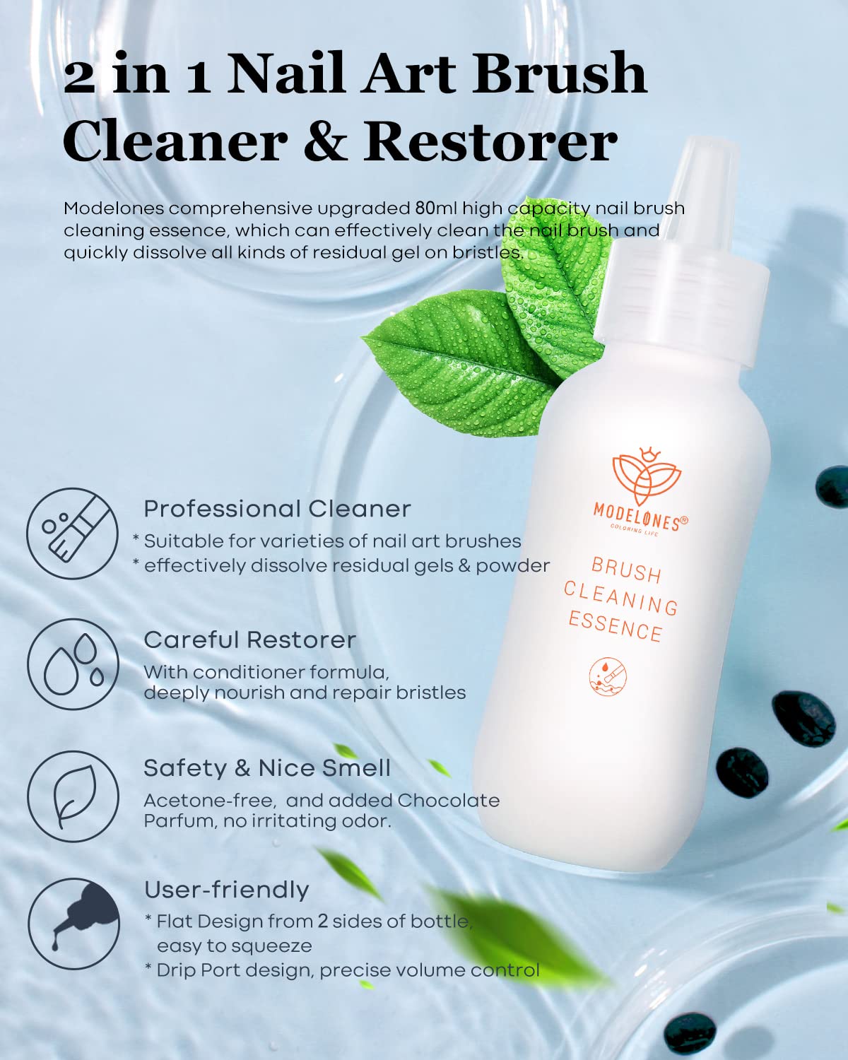 Modelones Nail Art Brush Cleaner & Restorer for Nail Polish/Extension Gel/Solid Builder Gel/Dip Powder/Acrylic Manicure Kits DIY Salon at Home - 80ml, W/Pro Brush-BrightBean Baby