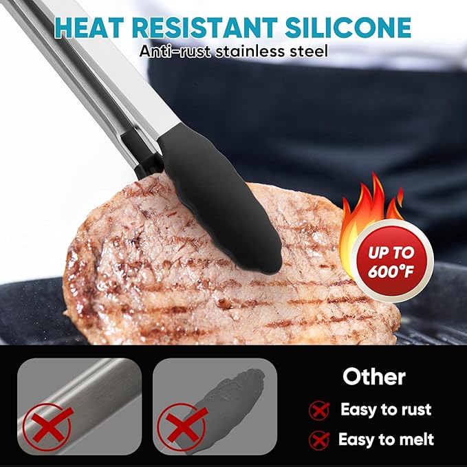 600℉ Heat Resistant Kitchen Tongs for Cooking with Silicone Tips,Maywe Tanso 17-Inch Stainless Steel Locking Cooking Tongs Food Tongs for BBQ,Cooking,Salad and Serving Food,Heavy Duty,Non-Stick,Black