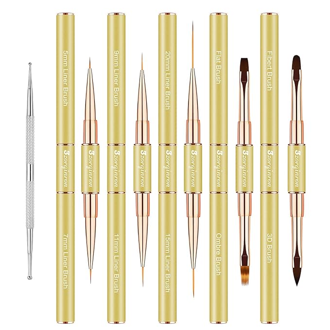 Nail Art Brushes for Nail Art, Professional 5Pcs Double-Ended Acrylic Nail Brush Set for Details, Long Lines, Ombre & 3D Design-Perfect for DIY Manicures & Salons (Gold)-BrightBean Baby