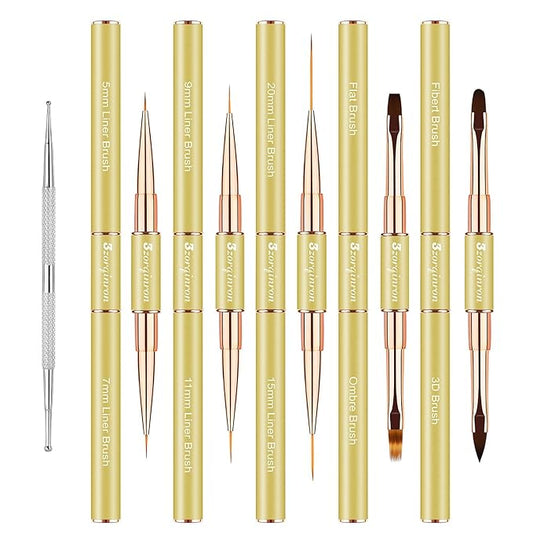 Nail Art Brushes for Nail Art, Professional 5Pcs Double-Ended Acrylic Nail Brush Set for Details, Long Lines, Ombre & 3D Design-Perfect for DIY Manicures & Salons (Gold)-BrightBean Baby