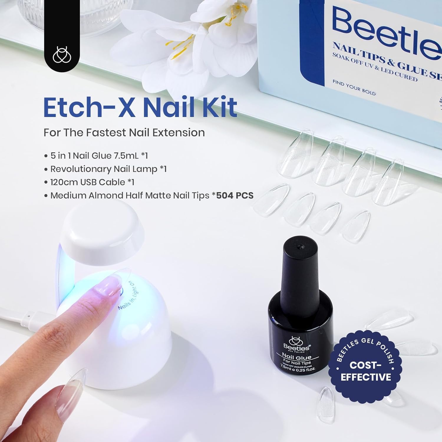 Beetles Gel Nail Kit Etch-X, Almond Medium, 500pcs 12 Sizes, with 9 in 1 Glue Mini Nail Lamp, Fall Nails, Pre-Etched Half Matte Easy Extension Set for Home DIY Salon Manicure Art-BrightBean Baby