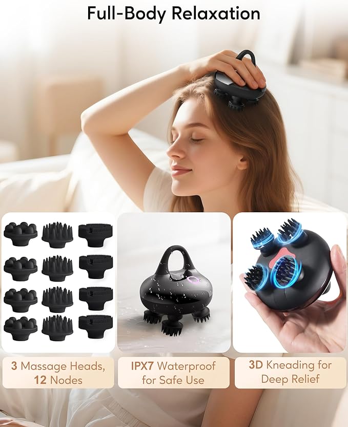 arboleaf Electric Scalp Massager Kneading Head Massager Scalp Stress Relax, Portable 6 in 1 Hair Massage with 12 Removable Massage Claws, Recharagable Head Stratcher, Gift for Mom Dad-BrightBean Baby