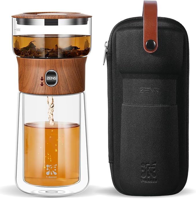 ZENS Modern Glass Infuser Teapot, One Touch Tea Maker for Loose Leaf Tea with Insulated Mug and Portable Case. Enchanted Pot Alternatives for Tea Lover Gifts