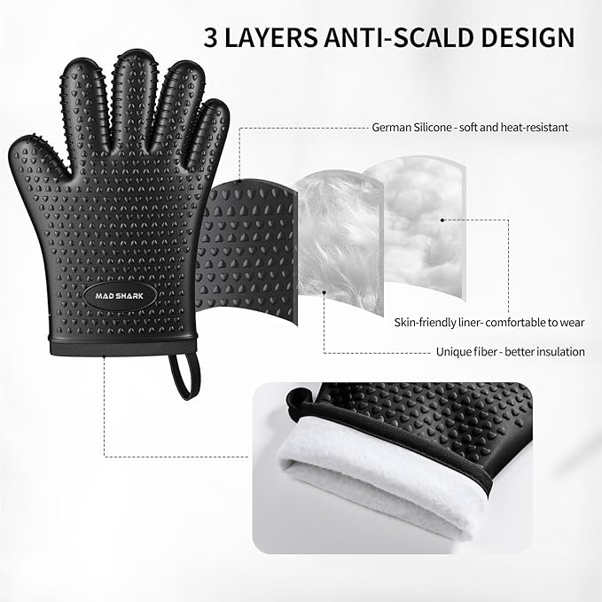 MAD SHARK Silicone Oven Mitts Heat Resistant 450 Degrees,Waterproof & Non-Slip Oven Gloves with Fingers,Cotton Lined Silicone Oven Gloves Kitchen Mitts for Baking Cooking Barbecue,Women,Oven(Black)