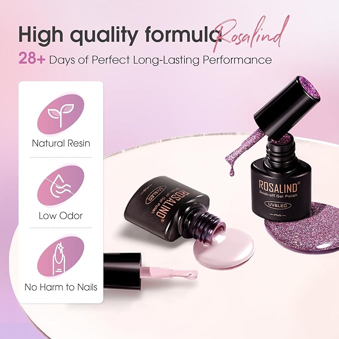 ROSALIND Pink Purple Gel Nail Polish Set, 8 Colors Pink Glitter Gray Gel Polish, Gentle Pink Elegant Purple Classic Gel Polish Collection Nail Art Gift DIY at Home-BrightBean Baby