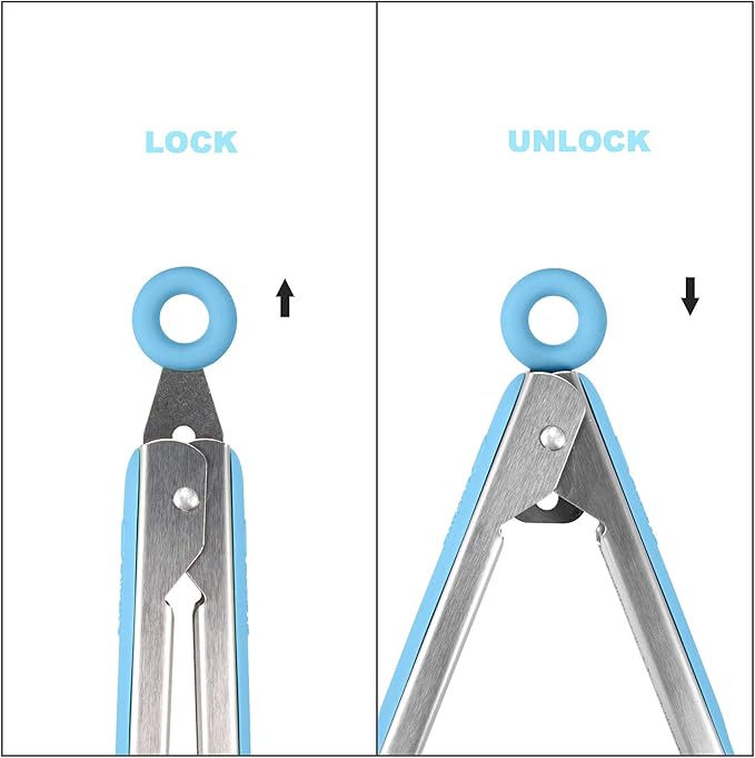 304 Stainless Steel Kitchen Cooking Tongs,9" and 12" Set of 4 Sturdy Grilling Barbeque Brushed Locking Food Tongs with Ergonomic Grip, Blue