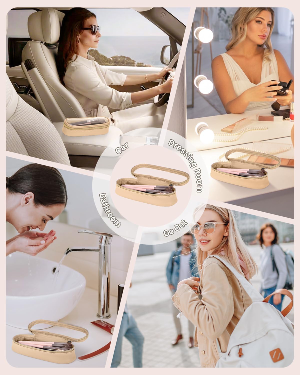 Clear Travel Makeup Brush Holder, Leather Makeup Brush Toiletry Bag, Portable Cosmetic Brush Case, Transparent Waterproof Makeup Brush Storage Bag, Khaki-BrightBean Baby