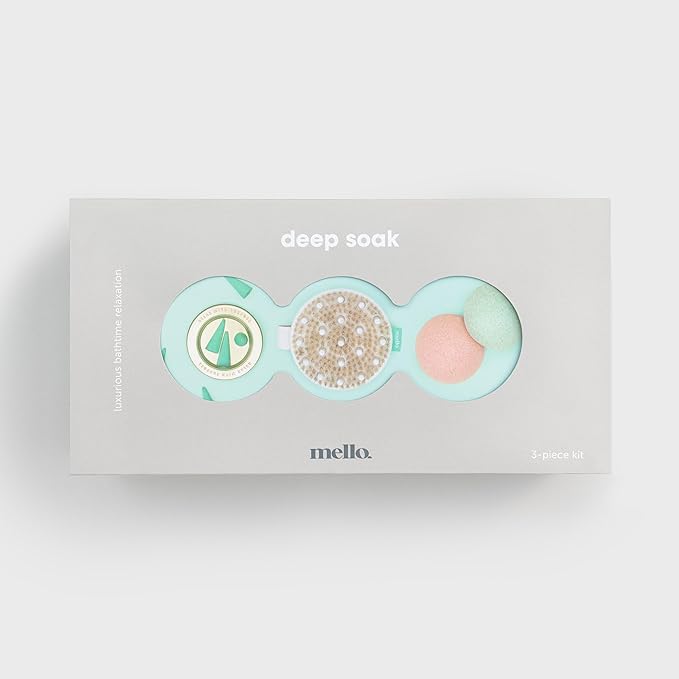 Mello Bath Accessories Deep Soak | Self Care Gifts for Women | Spa Gifts for Women & Relaxation Gifts for Women | Bath Accessories Includes Konjac Sponge, Incense Cones & Exfoliating Brush-BrightBean Baby