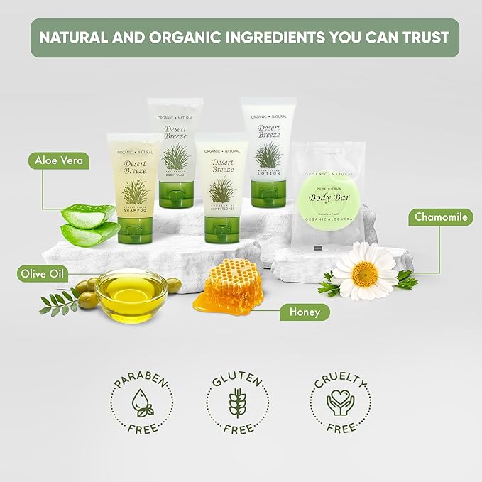 Desert Breeze Amenity & Accessory Kit | 1 oz Travel Size Shampoo, Conditioner, Lotion, Body Wash, Body Bar, Cleansing Bar, Shave & Dental Sets, Make-Up Remover Wipes, & Vanity Kit | 15 sets per case-BrightBean Baby