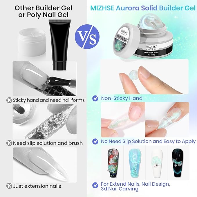 MIZHSE Mermaid Aurora Solid Builder Gel, 1oz Hard Gel for Nails 3D Non-sticky Builder Gels Polish Soak Off for Nails Salon Home DIY Manicure-BrightBean Baby