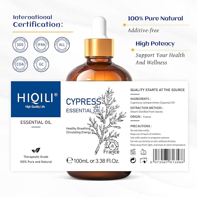 HIQILI 100ML Cypress Essential Oil, 100% Natural for Diffuser, Skin Care, Includes 10ML Travel Bottle - 3.38 Fl Oz-BrightBean Baby
