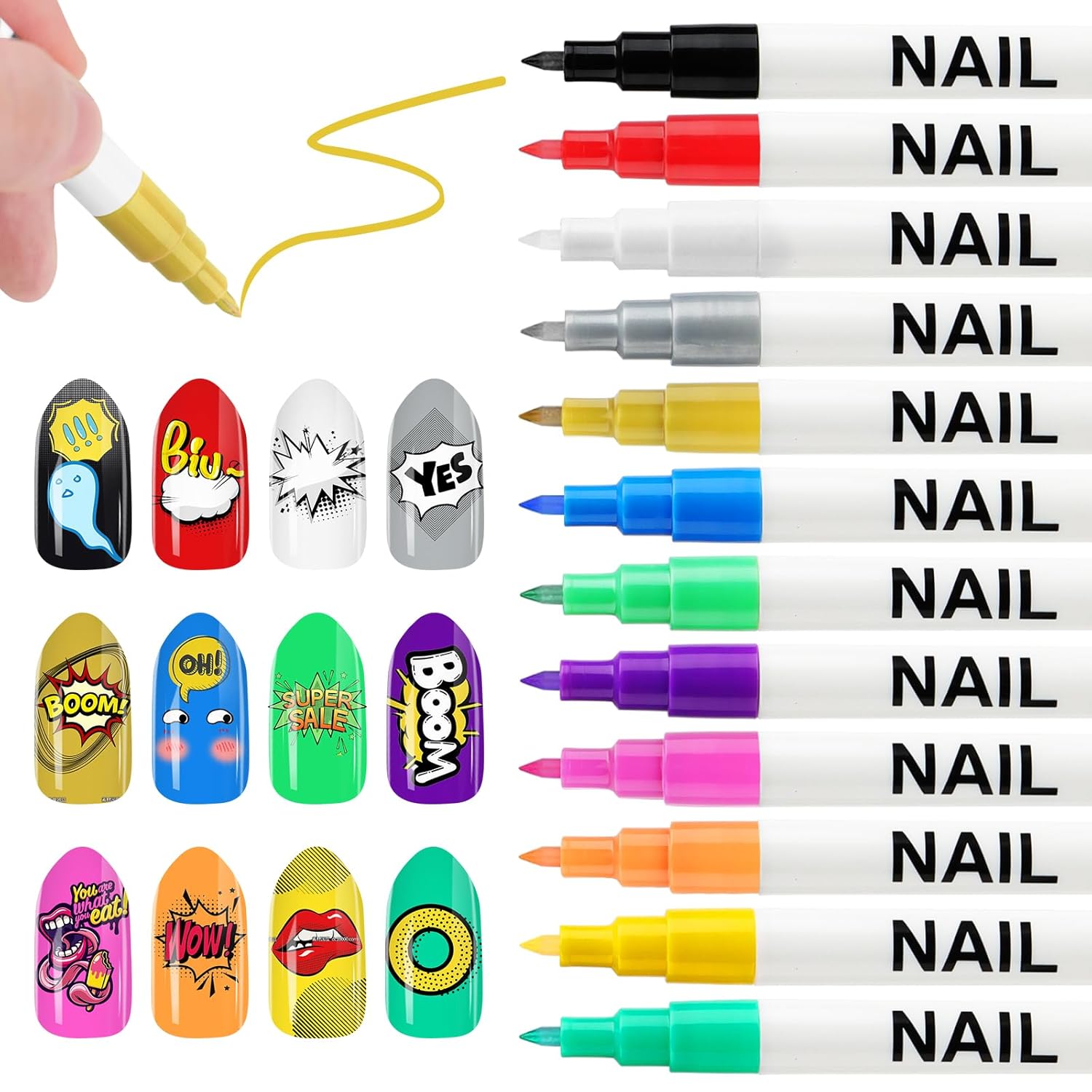 Kalolary 12 Color 0.7MM Nail Art Pens Set, 3D Nail Polish Pens Nail Point Graffiti Dotting Pen Drawing Painting Liner Brush for DIY Nail Art Beauty Adorn Manicure Tools-BrightBean Baby
