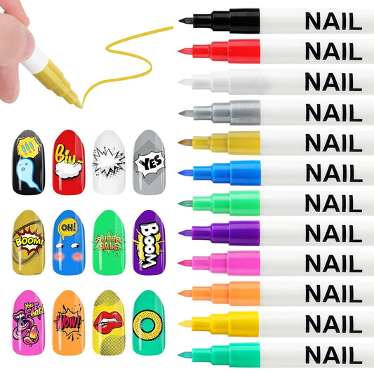 Kalolary 12 Color 0.7MM Nail Art Pens Set, 3D Nail Polish Pens Nail Point Graffiti Dotting Pen Drawing Painting Liner Brush for DIY Nail Art Beauty Adorn Manicure Tools-BrightBean Baby
