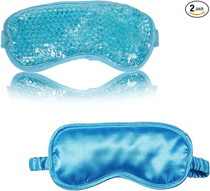 Silk Eye Mask (2packs) for Sleeping, Cooling and Heated Eye Mask, Adjustable Eyeshade Mask Satin Night Travel Gift for Women Men (1silk Eyes Blue mask +1hot&Cold Blue Eyes mask)-BrightBean Baby