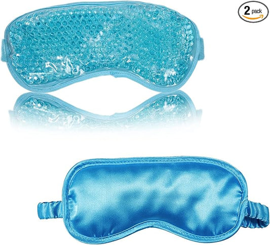 Silk Eye Mask (2packs) for Sleeping, Cooling and Heated Eye Mask, Adjustable Eyeshade Mask Satin Night Travel Gift for Women Men (1silk Eyes Blue mask +1hot&Cold Blue Eyes mask)-BrightBean Baby
