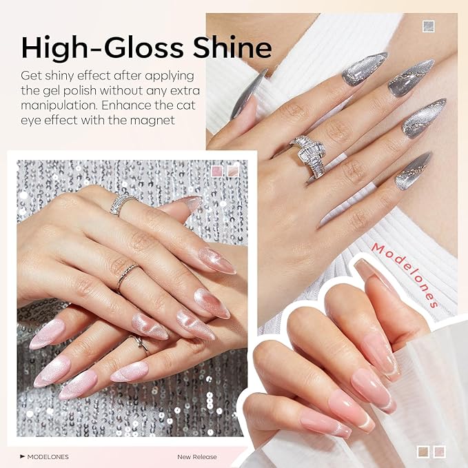 Modelones Cat Eye Gel Nail Polish Set, Holographic Glitter 6 Colors with Magnet, Sparkle Galaxy Series Nude Pink Gel Polish, Soak Off Led Gel Polish Kit, Nail Art, Salon DIY Gifts-BrightBean Baby