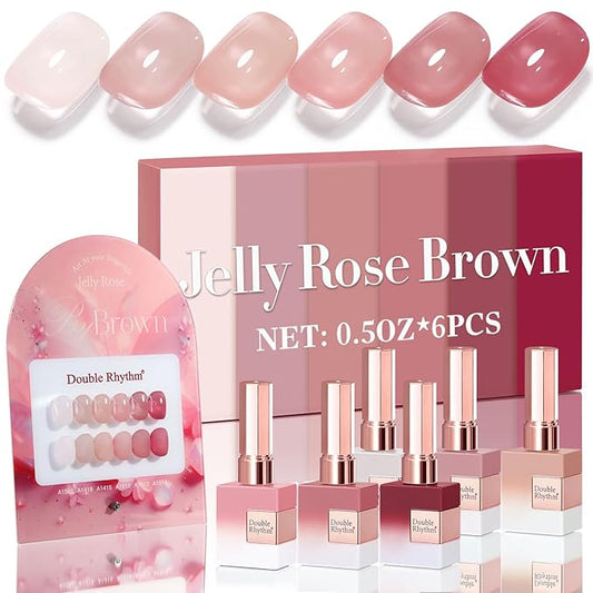 Double Rhythm 6 Pcs 15 ML Gel Polish Set Same Color Same Bottle Soak Off Gel Polish Kit Nail Art Manicure Salon DIY at Home for Women (Jelly Translucent Rose Pink Burgundy Red-T6-2)-BrightBean Baby