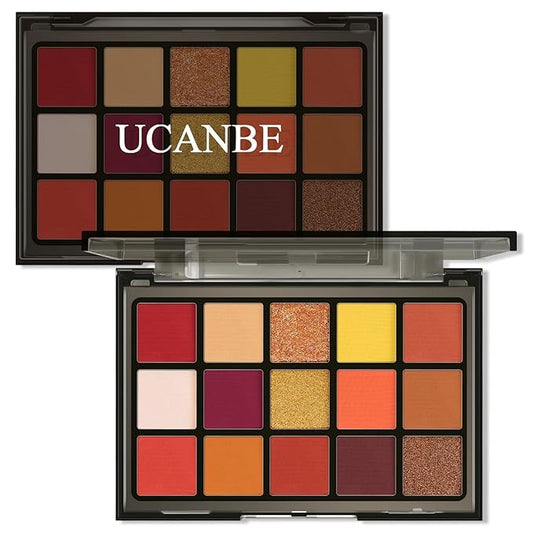 UCANBE Orange Eyeshadow Makeup Palette, 15 Colors Vibrant Shimmer Matte Glitter Eye Shadow Pallet, High Pigmented Warm Yellow Sunset Red Coral for Fall Cosplay Halloween Costume Parties Pumpkin Makeup-BrightBean Baby