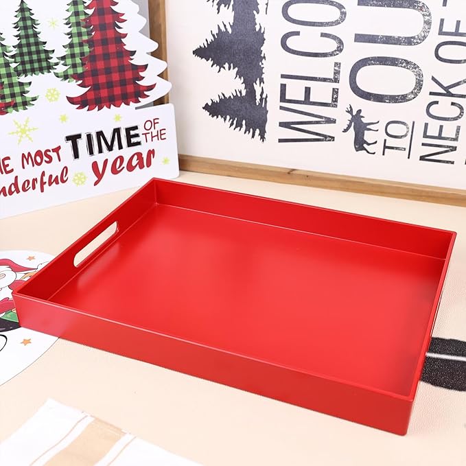 Red Serving Tray for Coffee Table, Rectangular Plastic Decorative Tray with Handles for Entertaining, Outdoor Patio, Living Room, Ottoman, Bathroom Counter, 11.8”*15.7”*1.6”